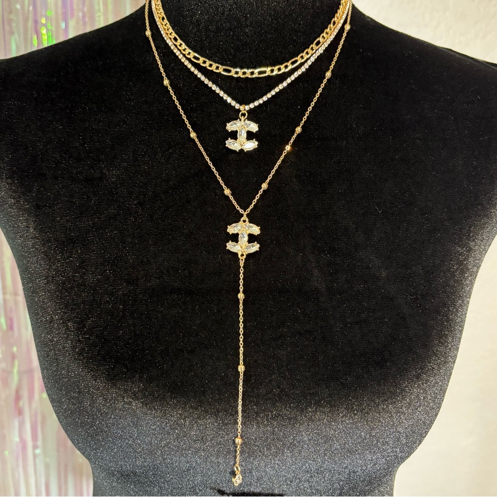 Gold Layered Pendant Necklace Set- Rhinestone Detail Women Jewelry Adjustable - Picture 6 of 8